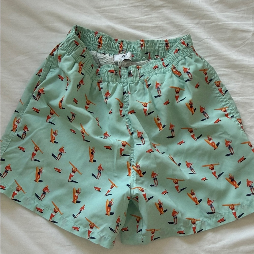 Zara Mint Green Swim Shorts with Surfer Print Men size M